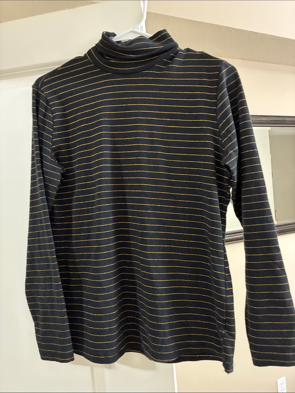 Time and Tru Black Turtleneck Sweater with Thin Gold Stripes